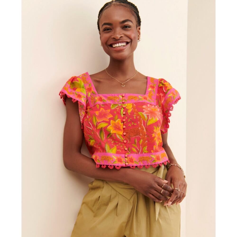 FarmRio Solar Forest Square Neck Blouse Womens Pink Floral Cotton